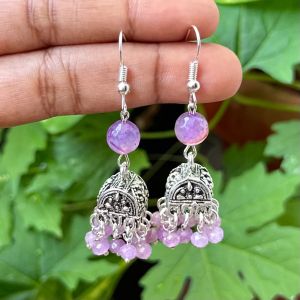 German Silver (Box) Jhumkas With Semi Precious Beads, Lavender