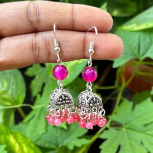 German Silver (Box) Jhumkas With Semi Precious Beads, Dark Pink