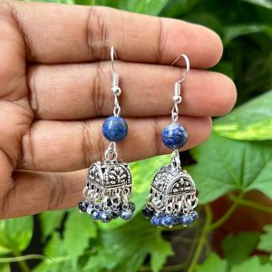 German Silver (Box) Jhumkas With Semi Precious Beads, Lapiz Lazuli
