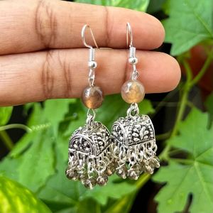 German Silver (Box) Jhumkas With Semi Precious Beads, Honey Brown