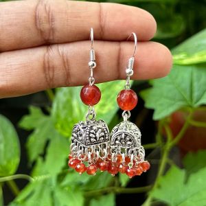 German Silver (Box) Jhumkas With Semi Precious Beads, Reddish Orange