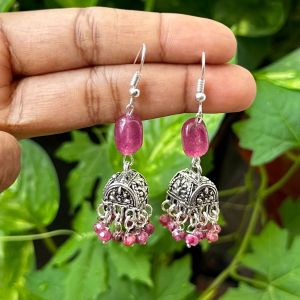 German Silver (Box) Jhumkas With Semi Precious Beads, Onion Pink