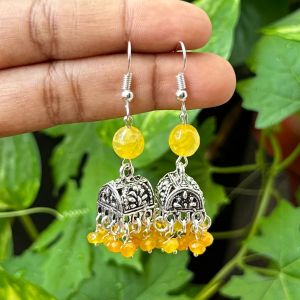 German Silver (Box) Jhumkas With Semi Precious Beads, Dark Yellow