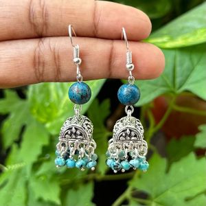 German Silver (Box) Jhumkas With Semi Precious Beads, Peacock Blue