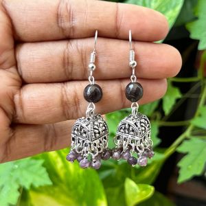 German Silver (Box) Jhumkas With Semi Precious Beads, Dark Wine