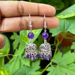 German Silver (Box) Jhumkas With Semi Precious Beads, Violet