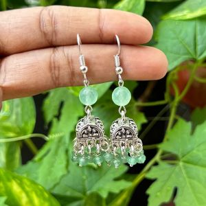 German Silver (Box) Jhumkas With Semi Precious Beads, Light Green