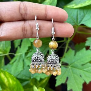 German Silver (Box) Jhumkas With Semi Precious Beads, Mustard Brown