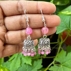 German Silver (Box) Jhumkas With Semi Precious Beads, Pink