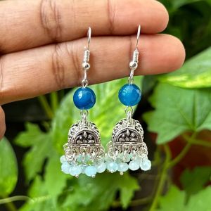 German Silver (Box) Jhumkas With Semi Precious Beads, Blue