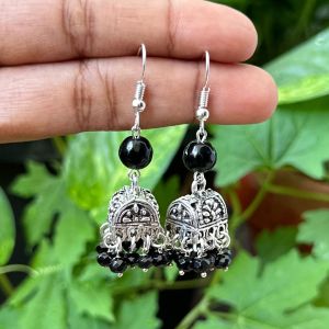 German Silver (Box) Jhumkas With Semi Precious Beads, Black