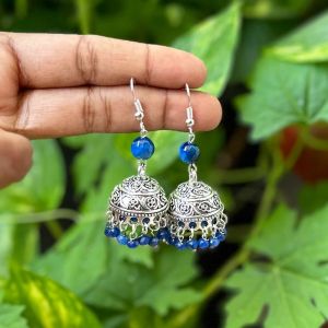 German Silver (Round) Jhumkas With Semi Precious Beads, Royal Blue