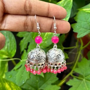 German Silver (Leaf) Jhumkas With Semi Precious Beads, Dark Pink
