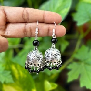 German Silver (Leaf) Jhumkas With Semi Precious Beads, Black