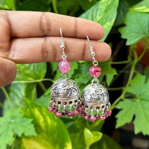 German Silver (Leaf) Jhumkas With Semi Precious Beads, Ruby Pink