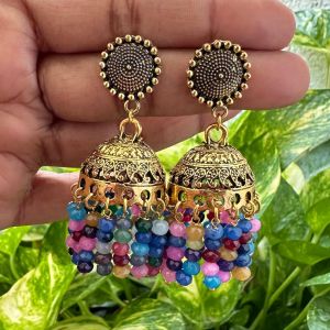 Oxidised Gold Jhumka With Multicolor Agate Beads