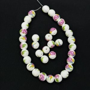 Porcelain Beads, 10mm, Round, Pink And Green , Pack of 10 pieces