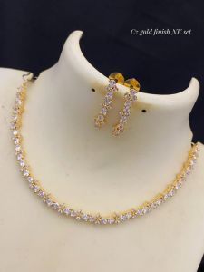 Cz Gold Finish Necklace With Earrings, White stone