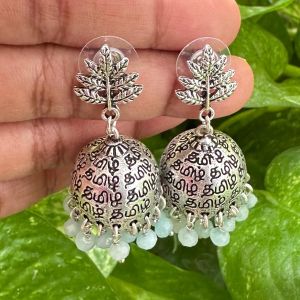 German Silver Tamil Jhumkas With Antique Silver Leaf Stud, Pastel Green