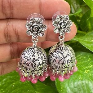 German Silver Tamil Jhumkas With Antique Silver Flower Stud, Onion Pink