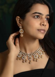 NAVRABEADS Bollywood Style American Diamond Set | Citrine Orange & White Stones with Earrings | Designer Festive Jewelry Set
