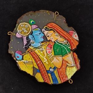 Radha Krishna Pendant, Multicolor, Hand Painted On Onyx Stone