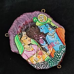 Radha Krishna Pendant, Multicolor, Hand Painted On Onyx Stone