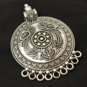 Antique Silver Metal Pendant, Round (Peacock) 9 Loops