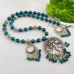Peacock Blue Glass Pearl Necklace With German Silver (Nataraja) Pendant