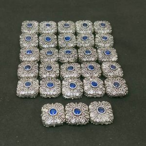 Victorian Beads, Antique Silver, Square, Blue