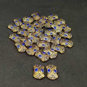 Victorian Beads, Antique Gold, Rectangle, (8 Stone), Blue