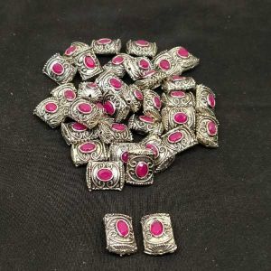 Victorian Beads, Antique Silver, Rectangle, Pink