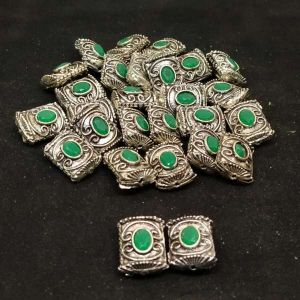 Victorian Beads, Antique Silver, Rectangle, Green
