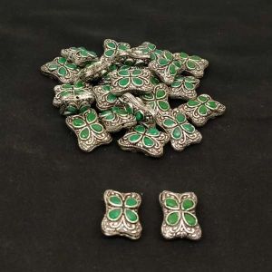 Victorian Beads, Antique Silver, Rectangle (Teardrop), 4 Stone, Green