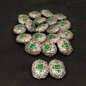 Victorian Beads, Antique Silver, Rectangle Shape, (5 Stone), Green