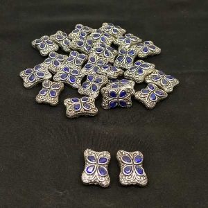 Victorian Beads, Antique Silver, Rectangle (Teardrop), 4 Stone, Blue
