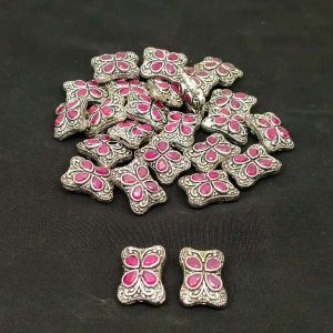 Victorian Beads, Antique Silver, Rectangle (Teardrop), 4 Stone, Pink