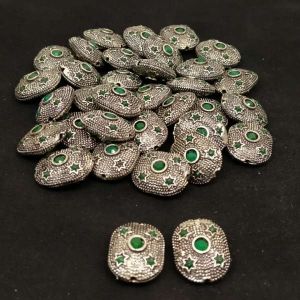 Victorian Beads, Antique Silver, Rectangle (Star), 5 Stone, Green