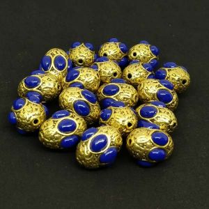 Antique Gold Hollow bead , Oval Royal blue