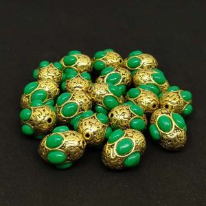 Antique Gold Hollow bead , Oval GREEN
