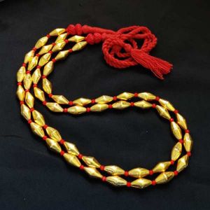 Gold dholki beads necklace, 2 strand, red