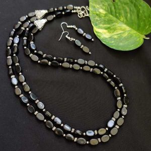 2 Layer Oval Shaped Glass Beads Necklace, Black