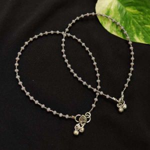 Crystal Beaded Anklets, (Antique Silver), Light Grey