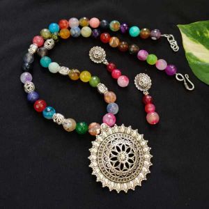 (Multicolor) Onyx Stone Bead Necklace with Oxidised Silver (Round) Pendant