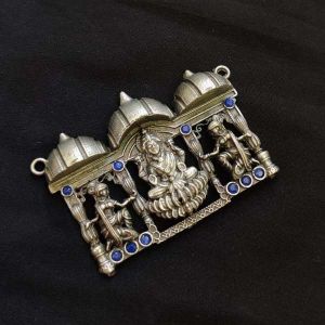 High Quality Brass Pendant, Silver Replica Polish, Rectangle (Lakshmi), Blue