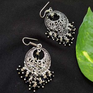 Antique Silver (Bali) Earrings With (Black) Crystals