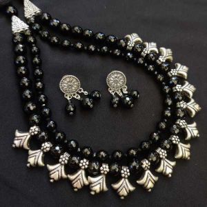 2 Layer Black Agate Necklace With Kohlapuri Charms