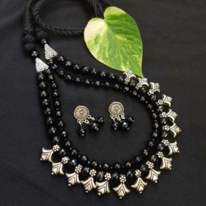 2 Layer Black Agate Necklace With Kohlapuri Charms