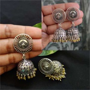 German Silver Tamil Jhumkas With Antique Silver (Dhurga Maa) Stud, Olive Green