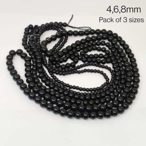 Glass Beads, Assorted, (Black), Pack Of 3 Strings, 4mm, 6mm, 8mm